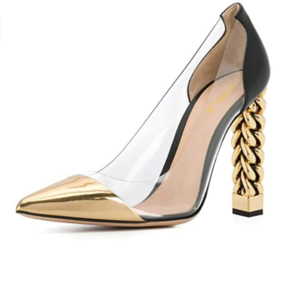 FSJGolden Block High Heels Clear Pumps Pointed Toe Dress Party Evening Shoes